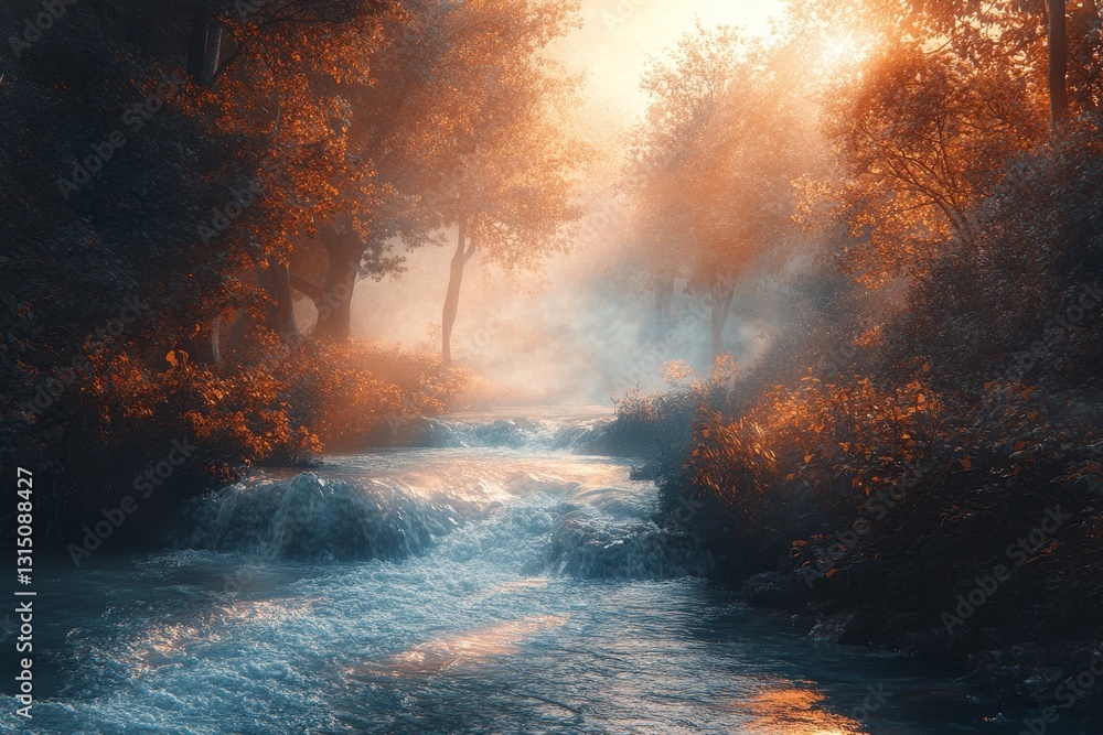 Poster a stream of water flows through a forest with trees on either side. the water is clear and the sun i