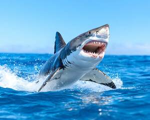 Naklejka premium Shark breaching ocean surface, teeth bared, against blue sky. Powerful predator
