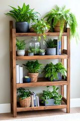 Shelves Plants on a wooden ladder shelf. Books, pots, containers, ferns, & greenery fill the space