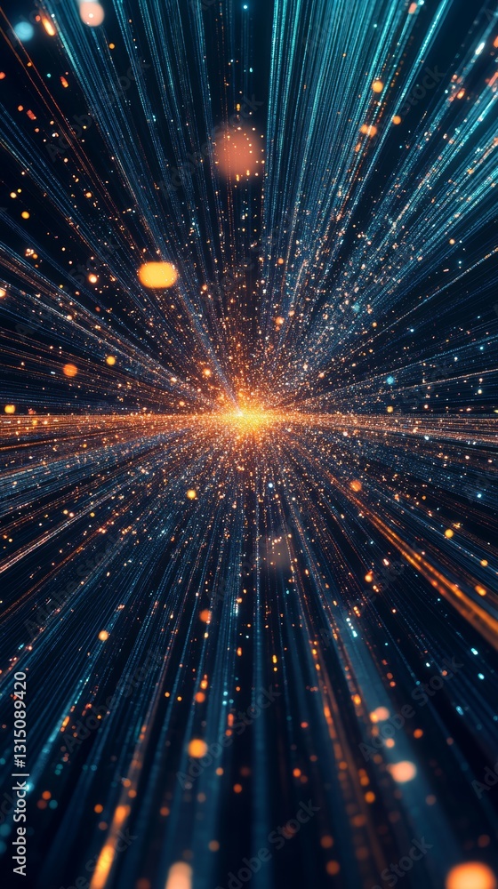 Poster explore a mesmerizing visual of dynamic light bursts with sparkling particles in a dark background, 