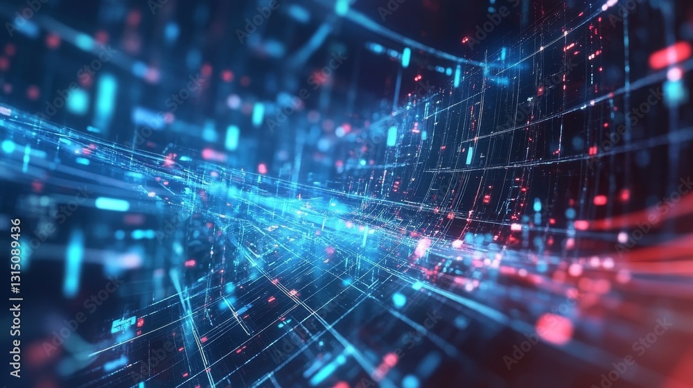 Poster this abstract digital artwork features a vibrant flow of light patterns in blue and red. it captures