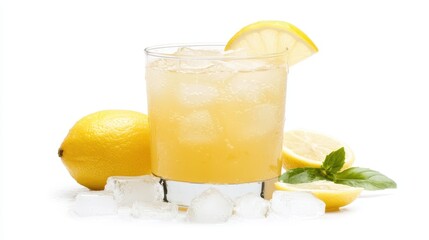 A glass of cold lemonade with a slice of lemon and ice cubes on a white isolated background