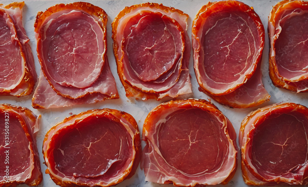 Aufkleber Row of bacon slices are displayed on a white surface. The slices are all different sizes and shapes, but they all have a similar pink color. Concept of abundance and variety