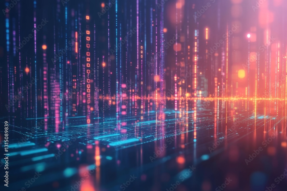 Poster explore a mesmerizing digital landscape featuring a vibrant neon data stream. the composition highli
