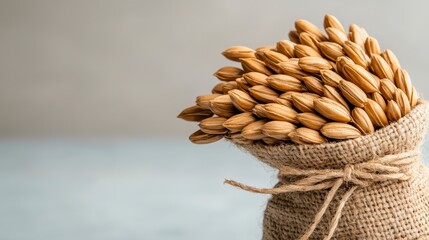Light Brown Almonds in Burlap Sack on Gray Background
