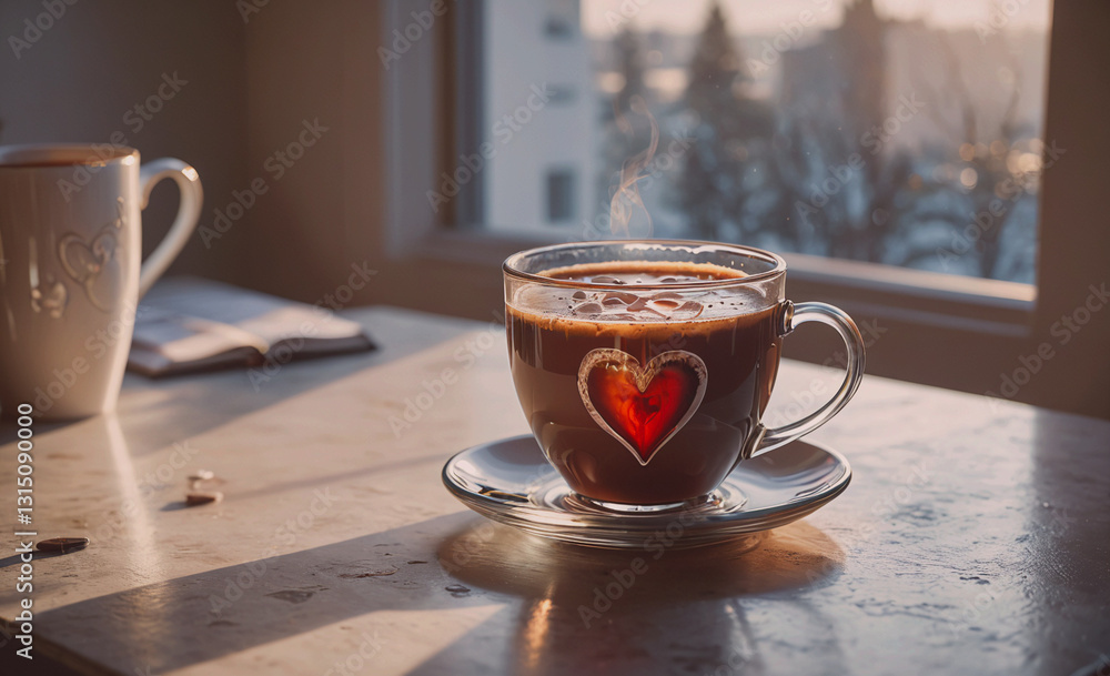 Poster cup of coffee with a heart on it sits on a table next to a book. concept of warmth and comfort, as t