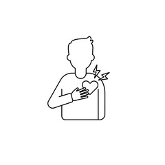 Simple line drawing of a person with one hand over their chest and a heart symbol with bolts.