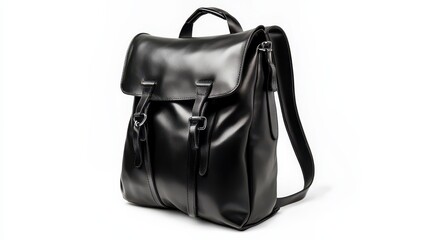 A stylish black backpack with a leather finish on a white isolated background