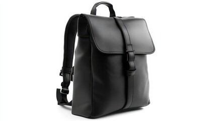 A stylish black backpack with a leather finish on a white isolated background