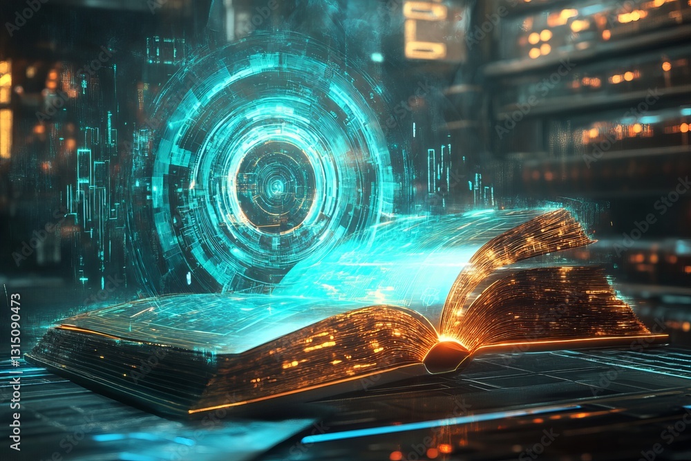 Poster a book is open to a page with a circle on it. the circle is surrounded by a blue light