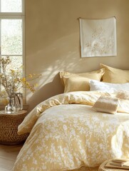 A yellow bedspread with white flowers and a decorative pillow