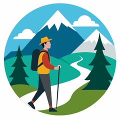 vector illustration of a man hiking in the mountains