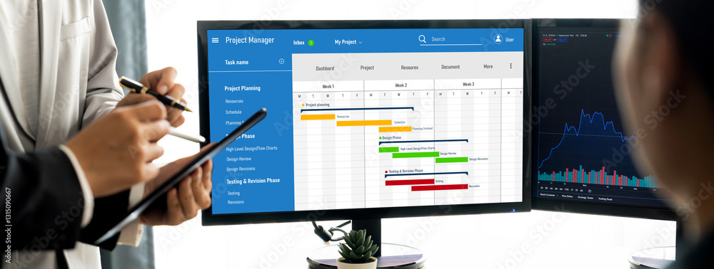 Poster project planning software for brisk business project management on the computer screen showing timel