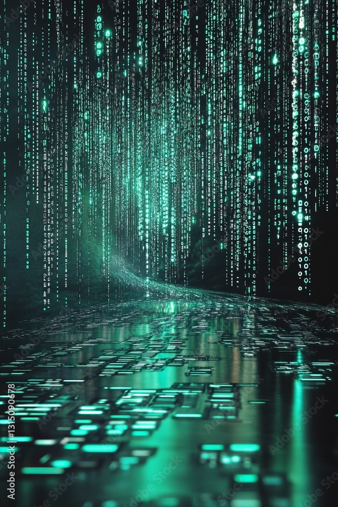 Aufkleber futuristic digital matrix with green data streams in cyberspace