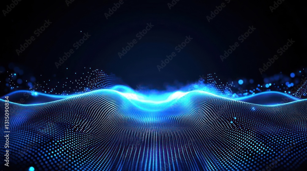 Fototapete Abstract Blue Digital Wave Background with Flowing Particle Effect in Dark Space