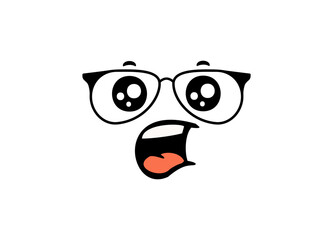 A cartoon face wearing glasses shows a surprised look with big eyes and an open mouth.