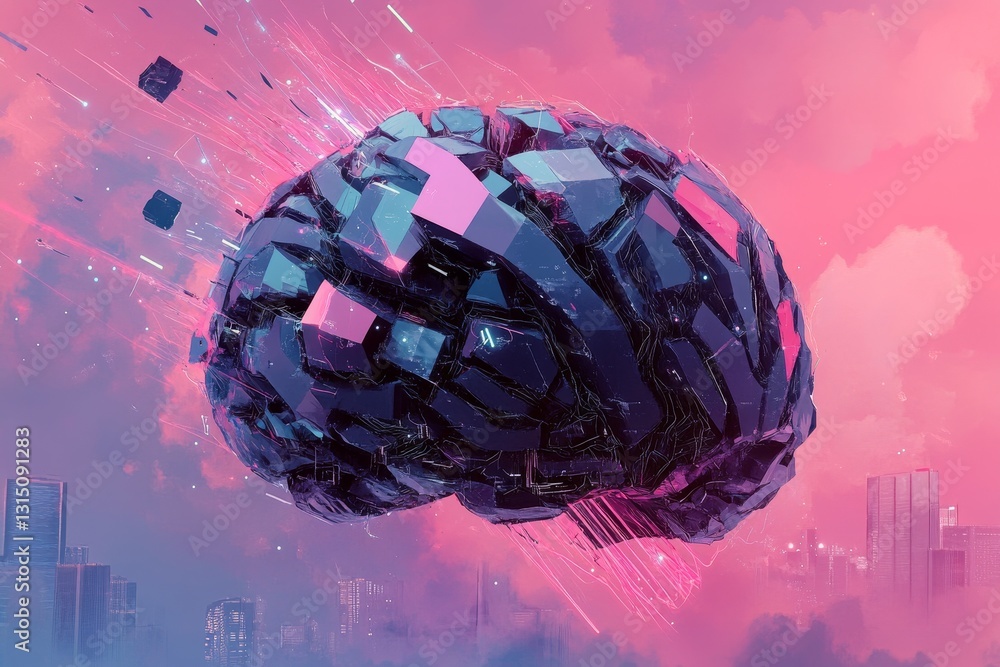 Aufkleber a brain is shown in a piece of art with a city in the background. the brain is broken into pieces an
