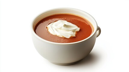 A delicious bowl of creamy tomato soup with a swirl of cream on a white isolated background