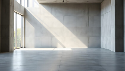Obraz premium Contemporary concrete interior with sunlight and empty wall mockup place. Exhibition, art and advertisement concept. 3D Rendering, dramatic atmosphere. with white shades