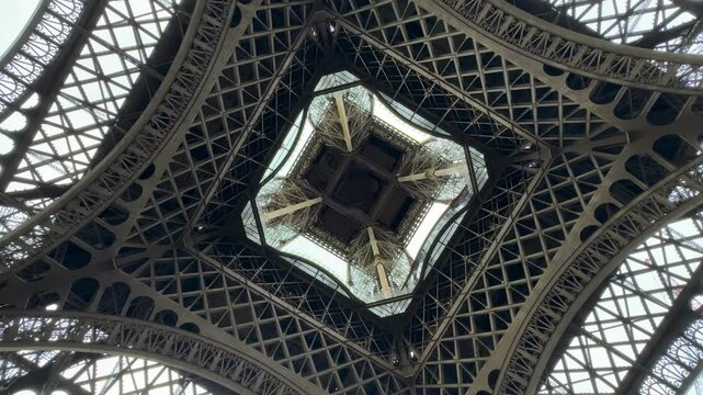 Eiffel Tower (Tour Eiffel) design details captured from below in Paris, France