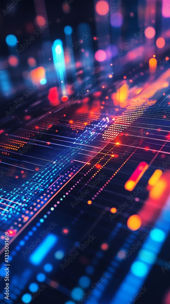 Poster futuristic digital network and data visualization with vibrant colors and lights