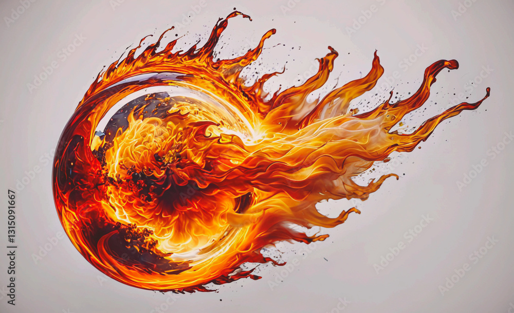 Poster fire is depicted in a circle with flames shooting out of it. the fire is orange and he is very large