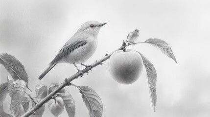 Monochrome birds on a branch with fruit