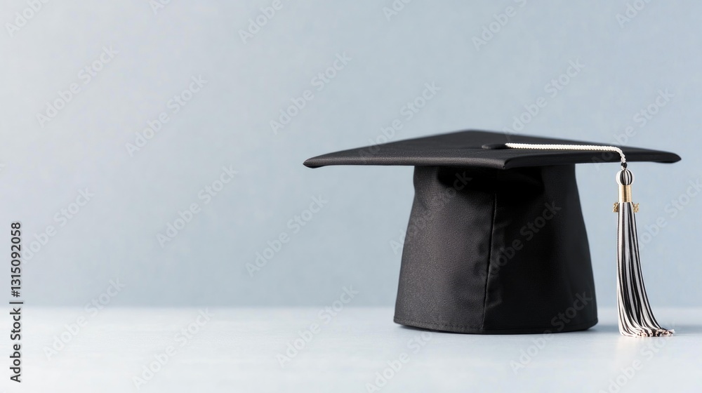 Poster single crisp graduation cap placed on plain surface with ample copy space minimalistic composition focuses on contrast
