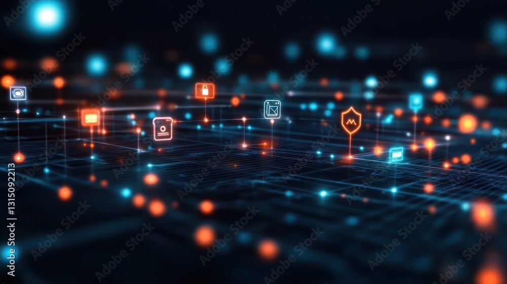 Poster abstract digital network with security icons.