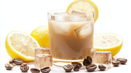 Fototapeta premium A glass of chilled iced coffee with ice cubes and a slice of lemon on a white isolated background