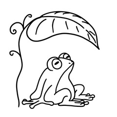 Cute Frog Sheltering from Rain | Cartoon Green Frog Under Leaf (outline)