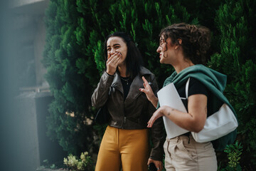 Women share smiles and conversation surrounded by greenery, exuding happiness and friendship.