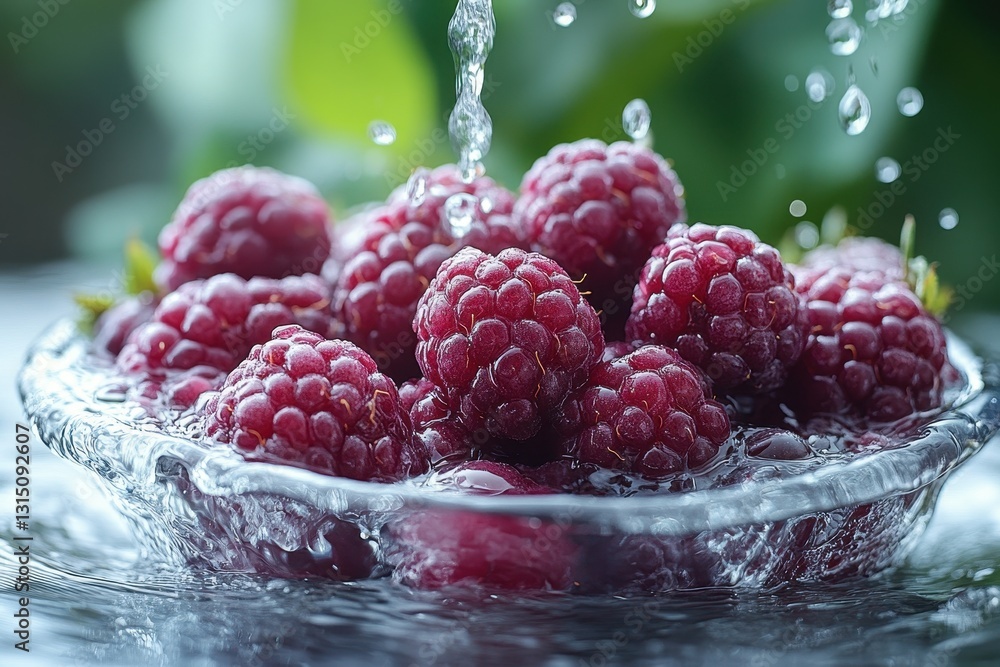 Poster fresh raspberries splashing in water create a refreshing scene in a garden setting during the summer