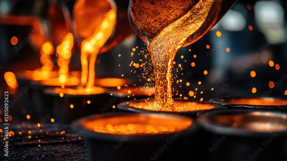 Poster Molten metal is poured into casting molds creating sparks and flames in an industrial hall with massive columns