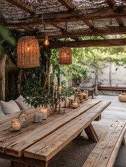 Wooden rustic table with lights outdoors in a cozy setting