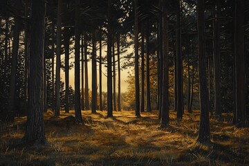 A serene forest scene with tall trees and golden light filtering through the foliage.