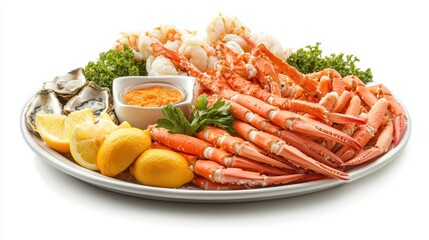 A fresh seafood platter with shrimp, oysters, and crab legs on a white isolated background
