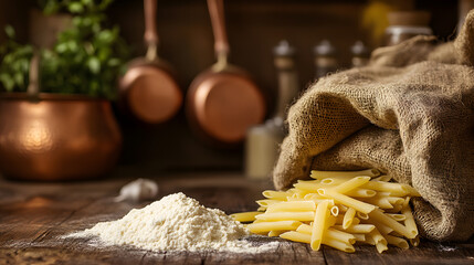 Rustic Still Life Flour, Penne Pasta, and Burlap Sack in a Country Kitchen