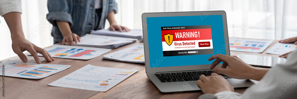 Poster Virus warning alert on computer screen detected brisk cyber threat , hacker, computer virus and malware