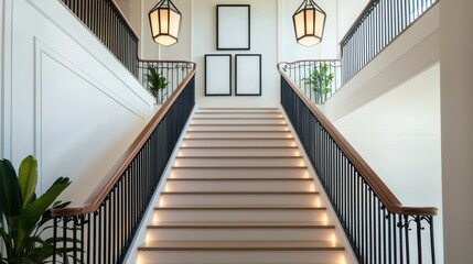 Obraz premium A stylish staircase with elegant lighting, framed by a minimalist design and greenery, creating a sophisticated atmosphere.