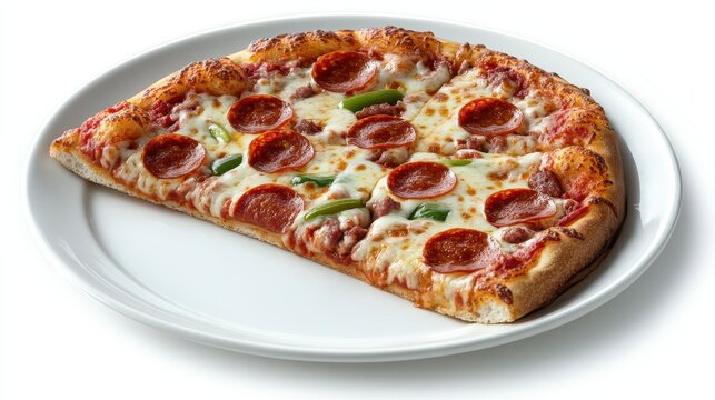 A slice of homemade pizza with melted cheese, pepperoni, and vegetables on a white isolated background