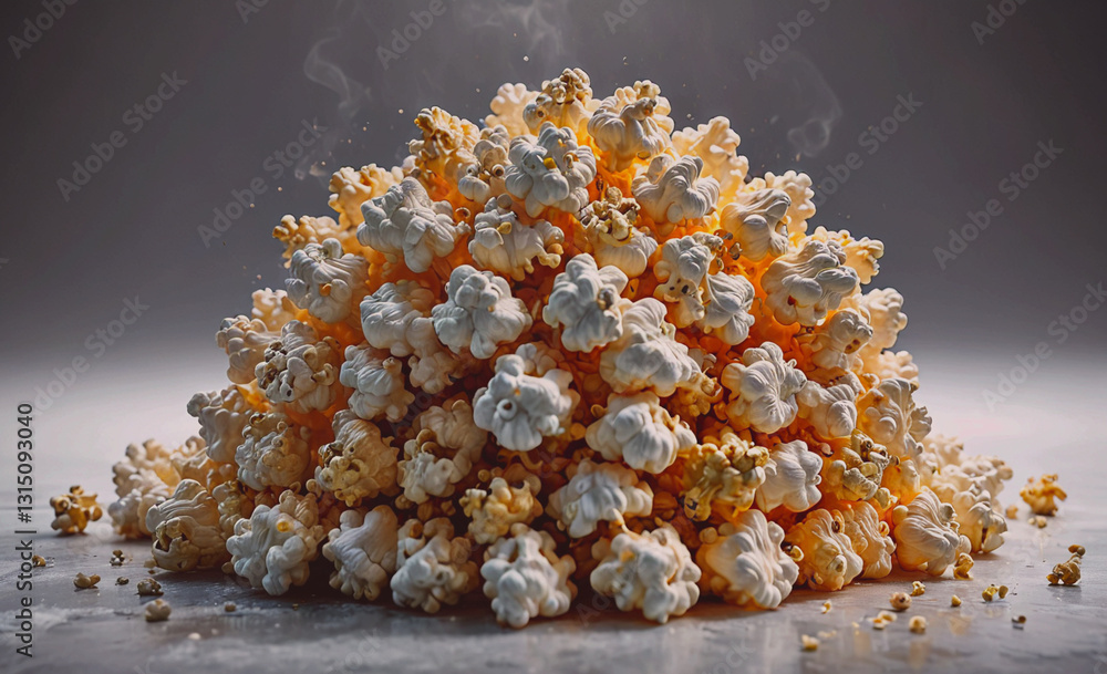 Poster pile of popcorn with a lot of white and yellow pieces. the popcorn is piled up and looks like a big 