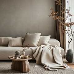 A cozy minimalist interior shows a sofa and decor