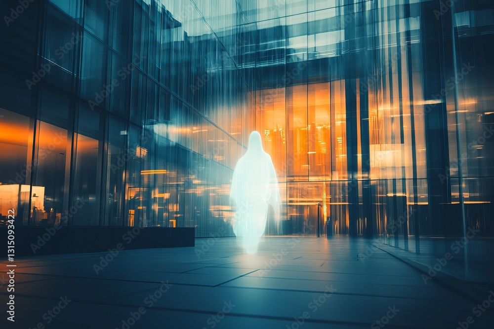 Poster an ethereal figure stands amidst modern urban architecture, illuminated by glowing lights. the image
