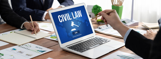 Civil law brisk information showing on computer screen for Common Justice Legal Regulation Rights...