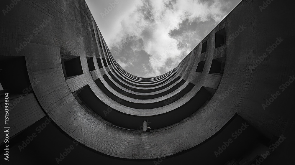 Poster looking up from the base of a modern building, the curved concrete lines twist upwards toward a dram