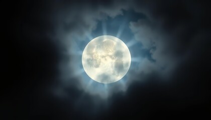 Veiled full moon, luminous through a thick, swirling cloud cover,  grey, darkness