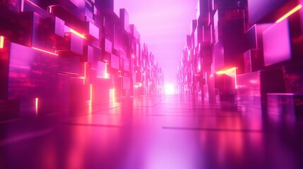 Glowing Pink And Purple Futuristic Cube Tunnel