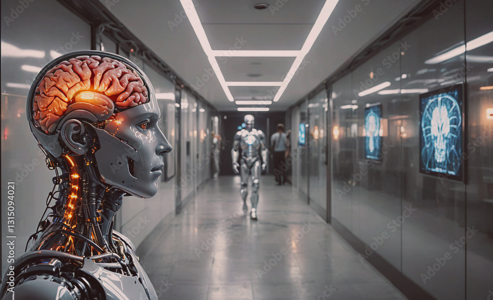 Poster Robot with a brain on its head stands in a hallway. A man walks past the robot