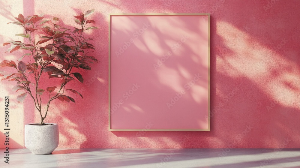 Poster a tranquil space highlights a soft pink wall adorned with a blank framed canvas. light filters throu